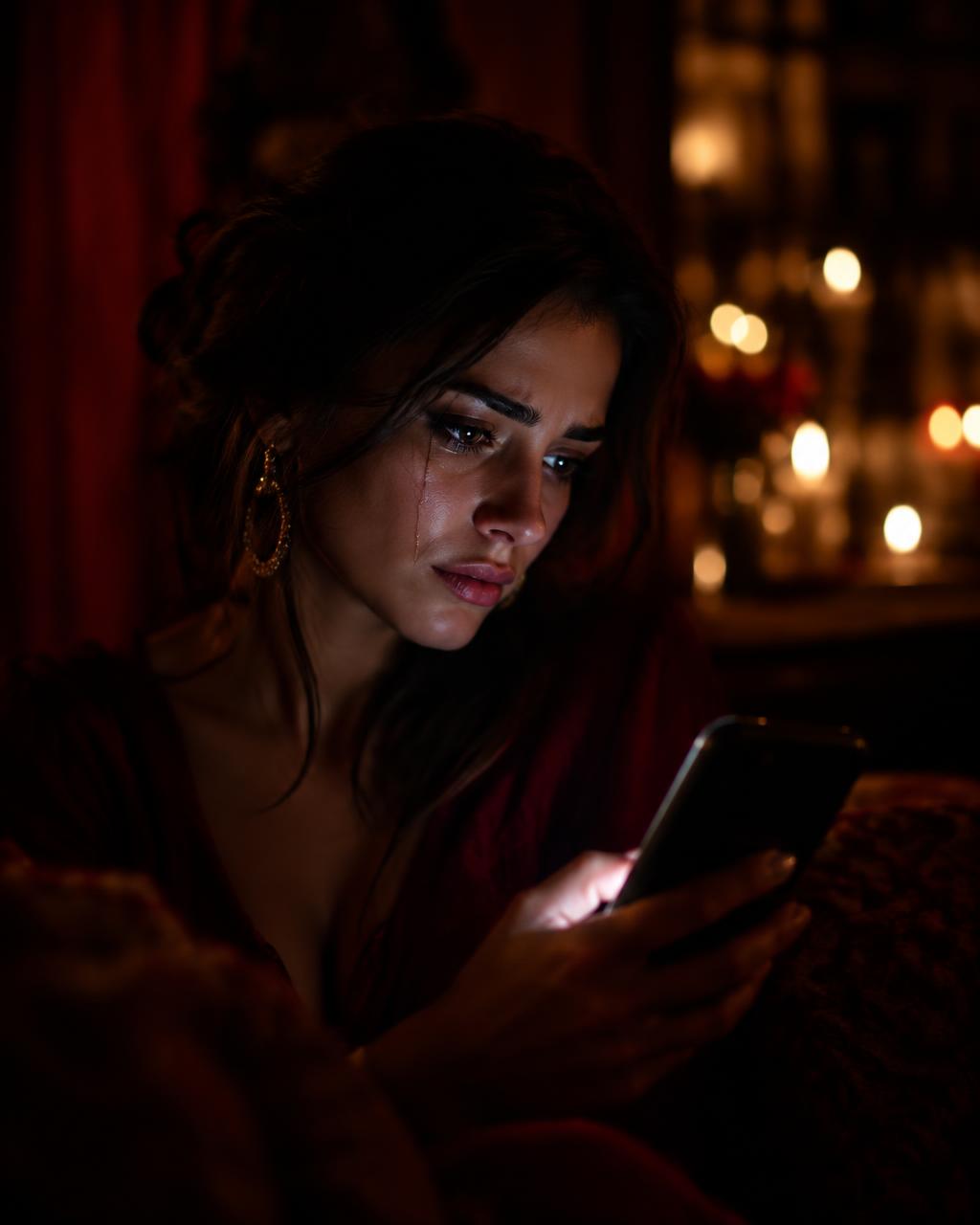 Mujer triste mirando el móvil
